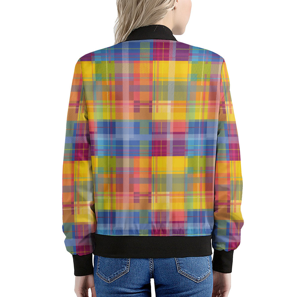 Rainbow Plaid Pattern Print Women's Bomber Jacket