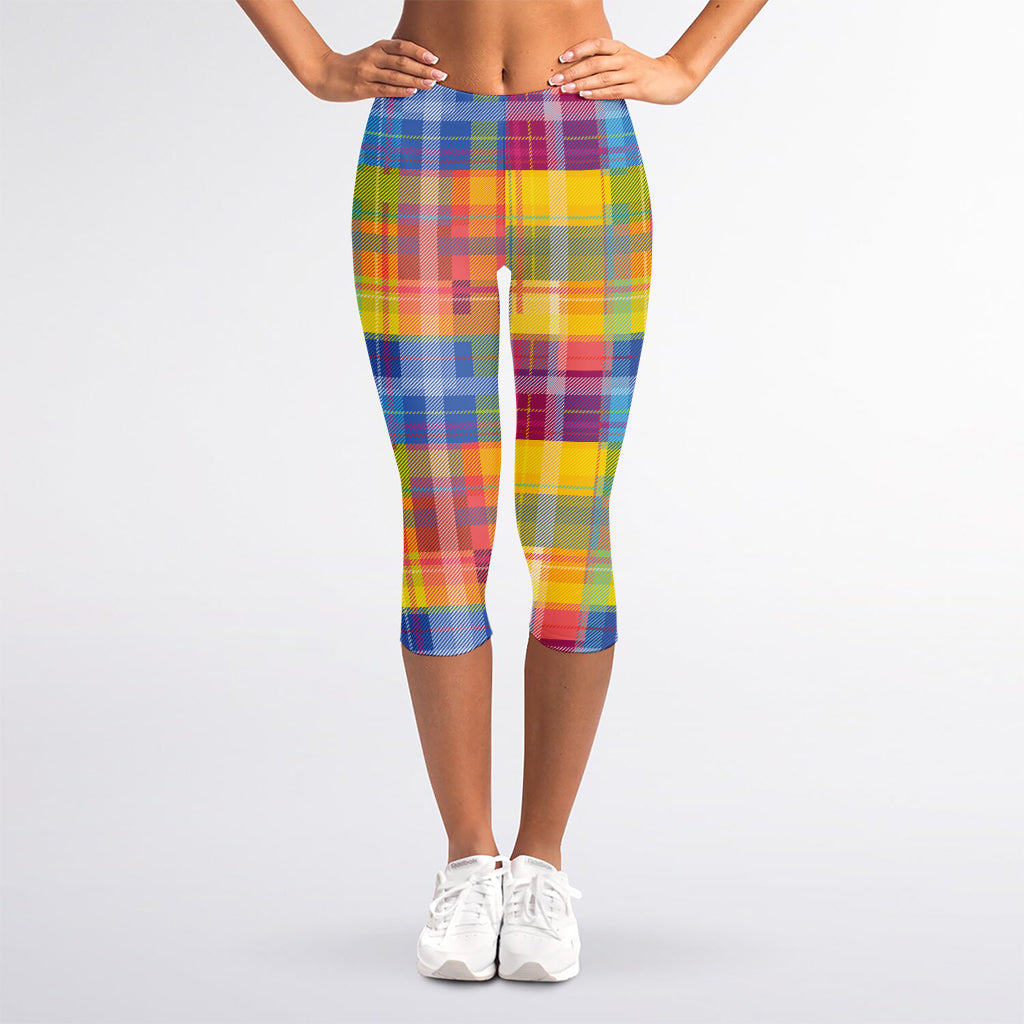 Rainbow Plaid Pattern Print Women's Capri Leggings