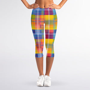 Rainbow Plaid Pattern Print Women's Capri Leggings