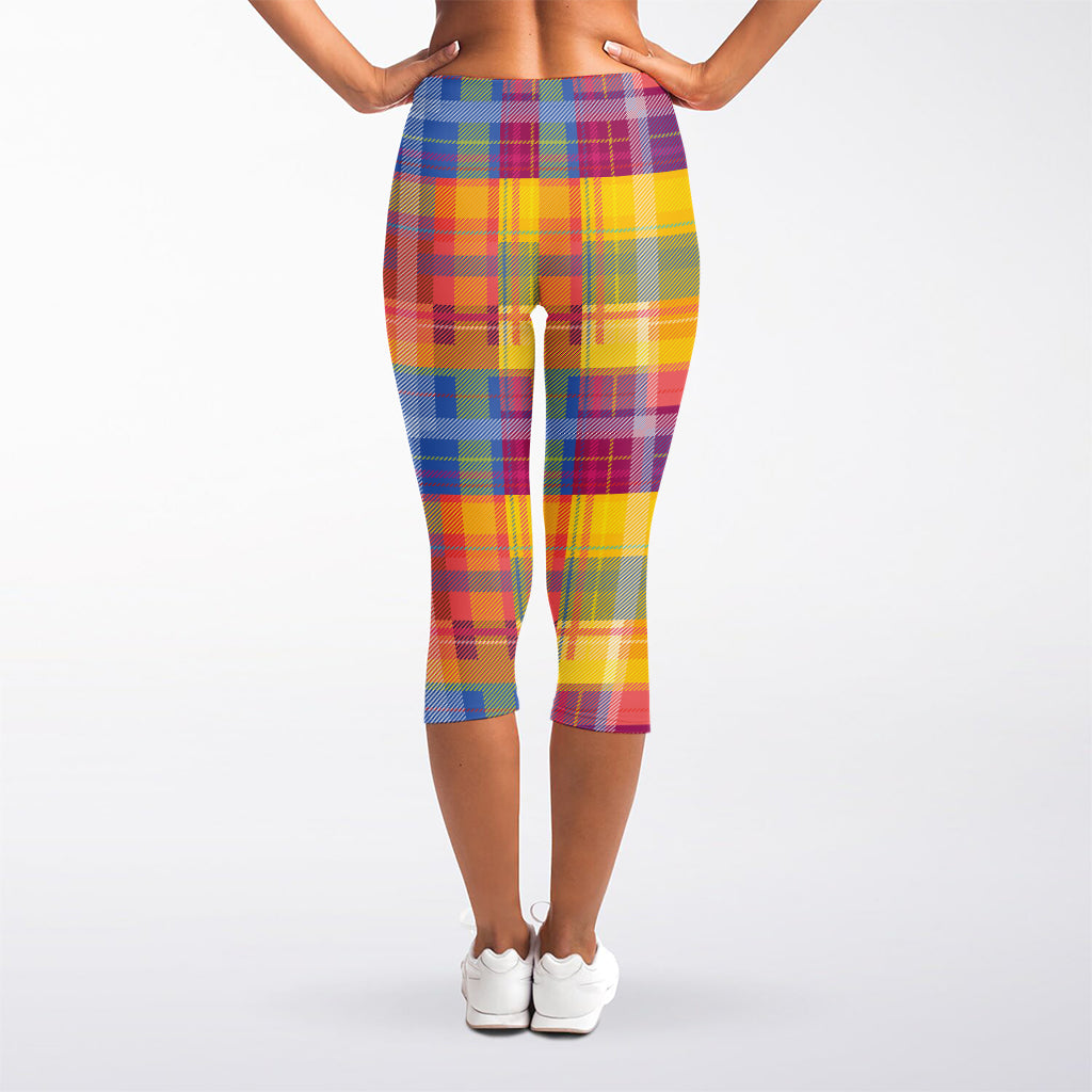 Rainbow Plaid Pattern Print Women's Capri Leggings