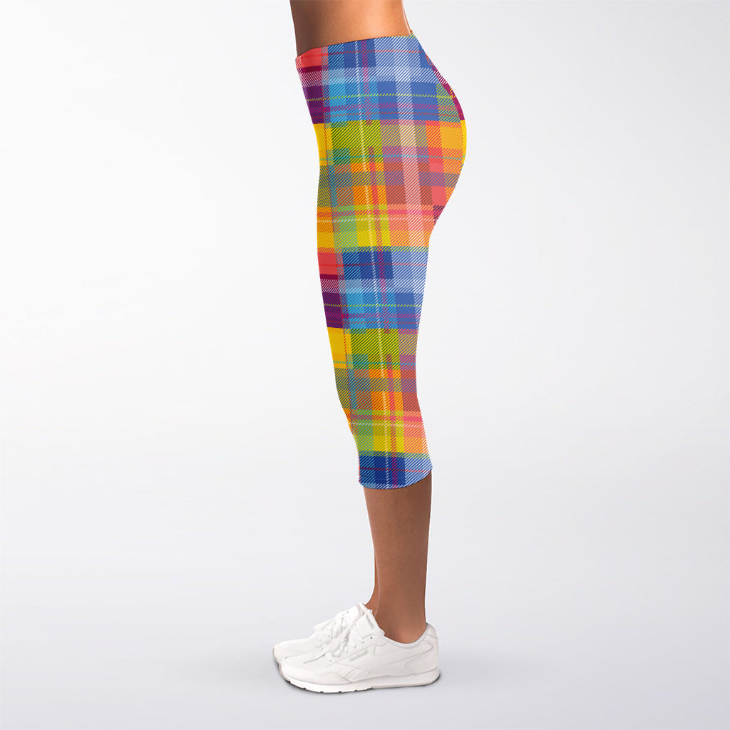 Rainbow Plaid Pattern Print Women's Capri Leggings