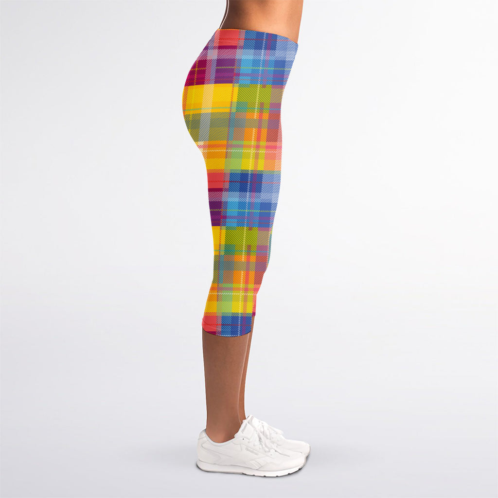 Rainbow Plaid Pattern Print Women's Capri Leggings