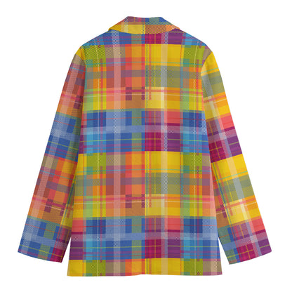 Rainbow Plaid Pattern Print Women's Cotton Blazer