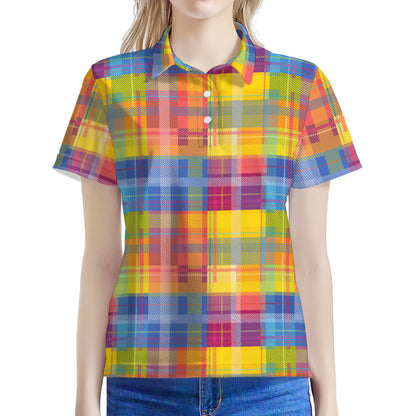 Rainbow Plaid Pattern Print Women's Polo Shirt