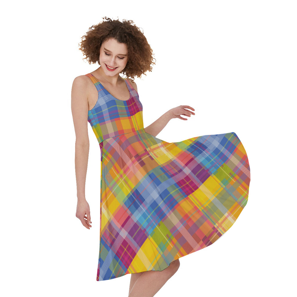 Rainbow Plaid Pattern Print Women's Sleeveless Dress
