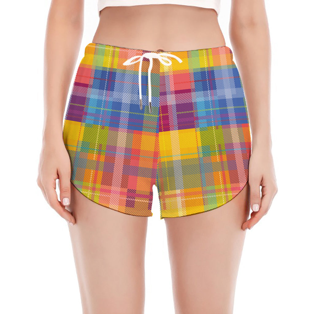 Rainbow Plaid Pattern Print Women's Split Running Shorts