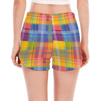 Rainbow Plaid Pattern Print Women's Split Running Shorts