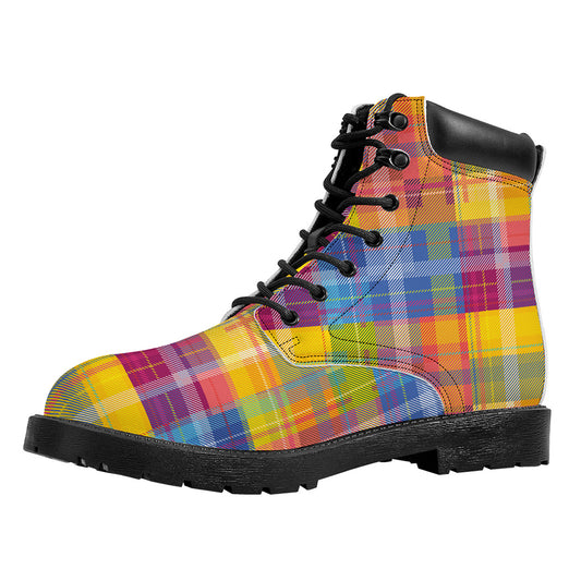 Rainbow Plaid Pattern Print Work Boots
