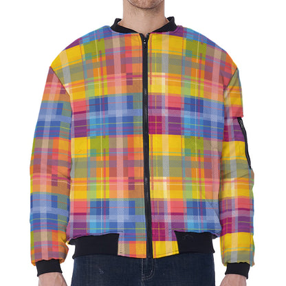 Rainbow Plaid Pattern Print Zip Sleeve Bomber Jacket