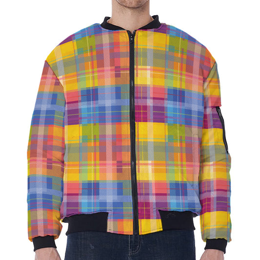 Rainbow Plaid Pattern Print Zip Sleeve Bomber Jacket