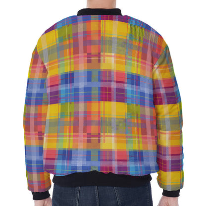 Rainbow Plaid Pattern Print Zip Sleeve Bomber Jacket