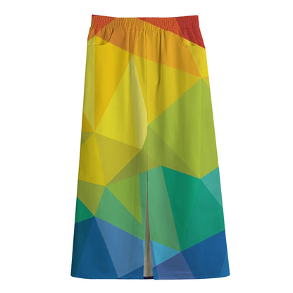 Rainbow Polygonal Geometric Print Cotton Front Slit Maxi Skirt