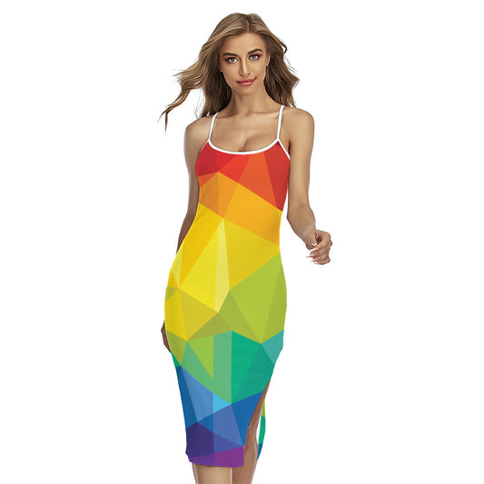 Rainbow Polygonal Geometric Print Cross Back Cami Dress