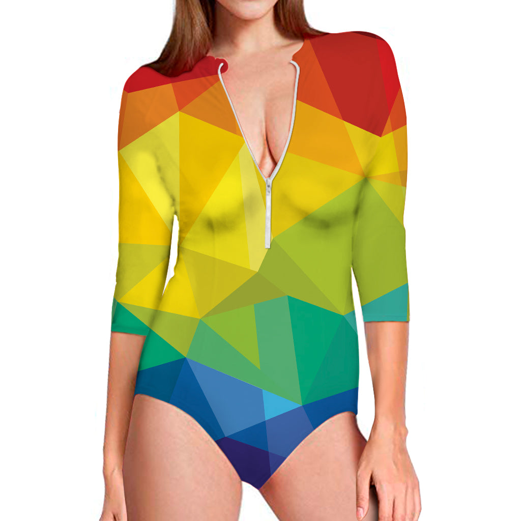 Rainbow Polygonal Geometric Print Long Sleeve Swimsuit