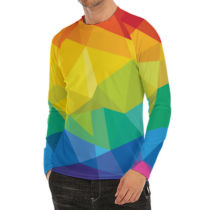 Rainbow Polygonal Geometric Print Men's Long Sleeve Rash Guard