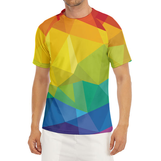 Rainbow Polygonal Geometric Print Men's Short Sleeve Rash Guard