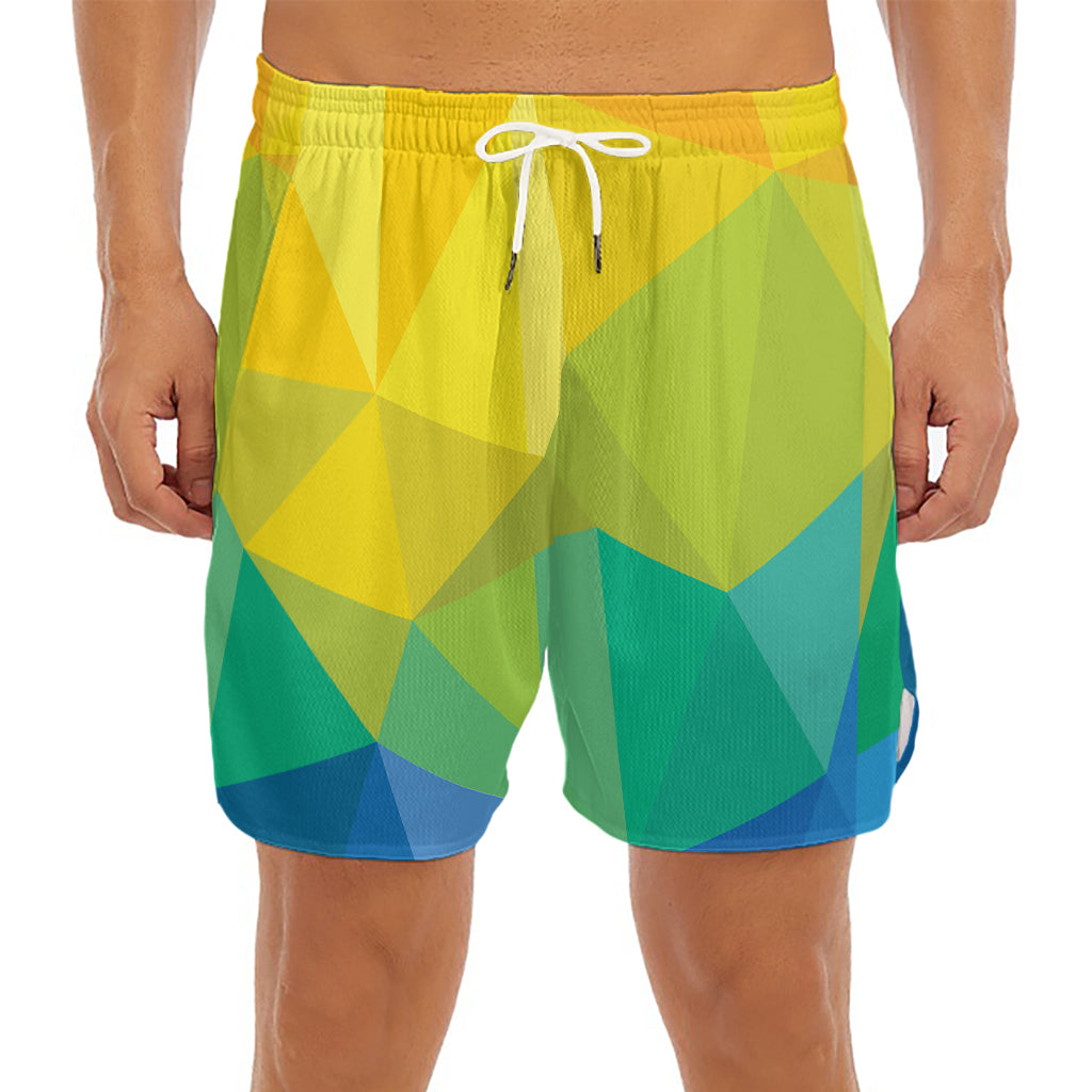 Rainbow Polygonal Geometric Print Men's Split Running Shorts