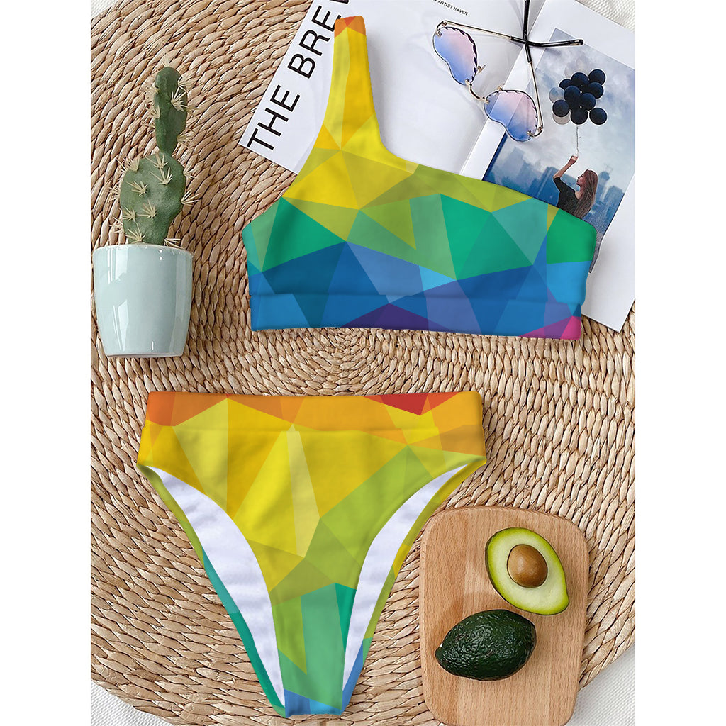 Rainbow Polygonal Geometric Print One Shoulder Bikini Top