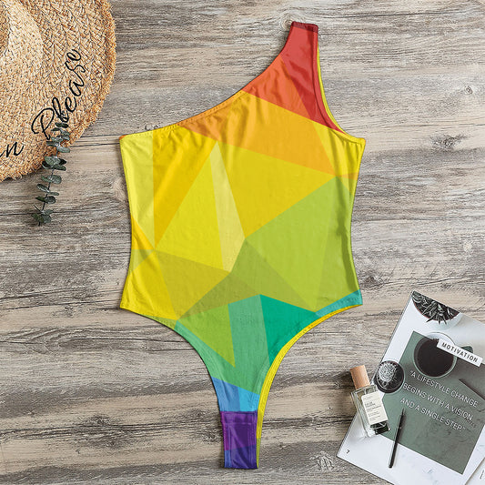 Rainbow Polygonal Geometric Print One Shoulder Bodysuit
