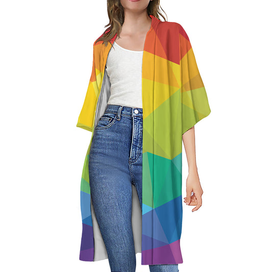 Rainbow Polygonal Geometric Print Open Front Beach Cover Up