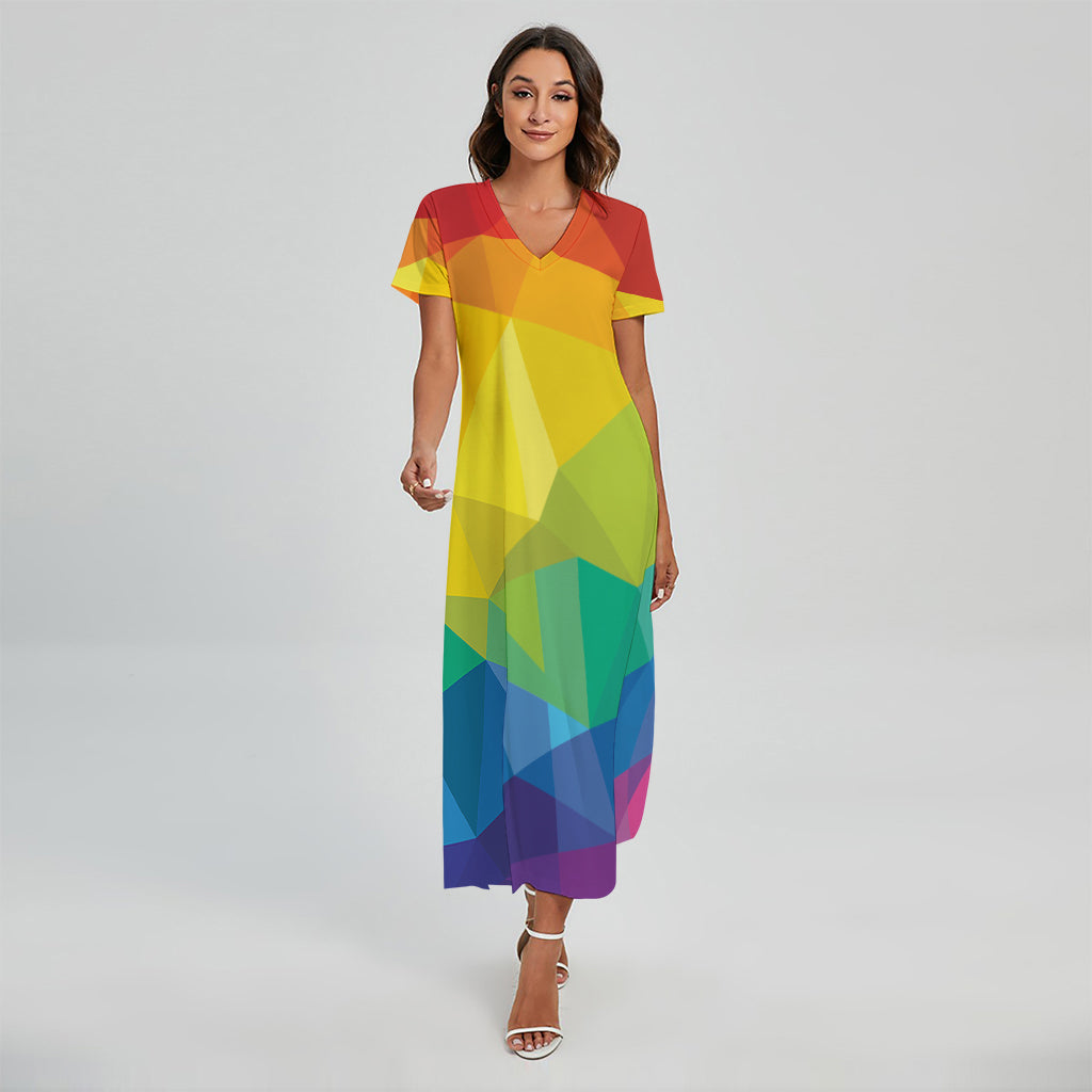 Rainbow Polygonal Geometric Print Short Sleeve Maxi Dress