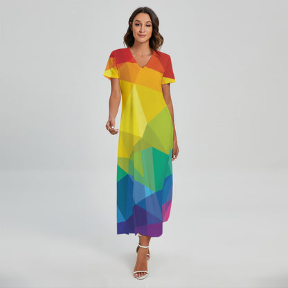 Rainbow Polygonal Geometric Print Short Sleeve Maxi Dress