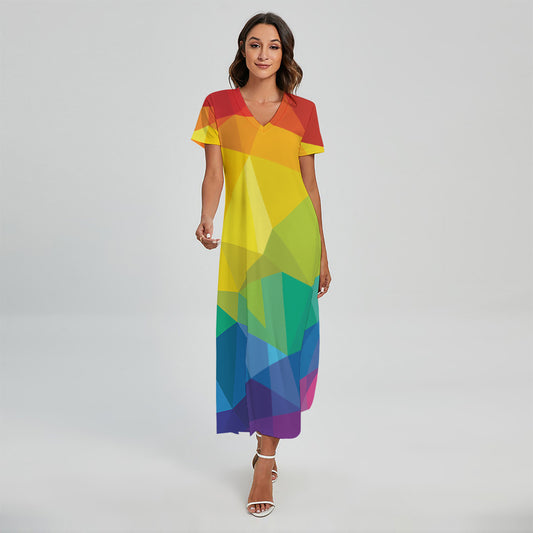 Rainbow Polygonal Geometric Print Short Sleeve Maxi Dress