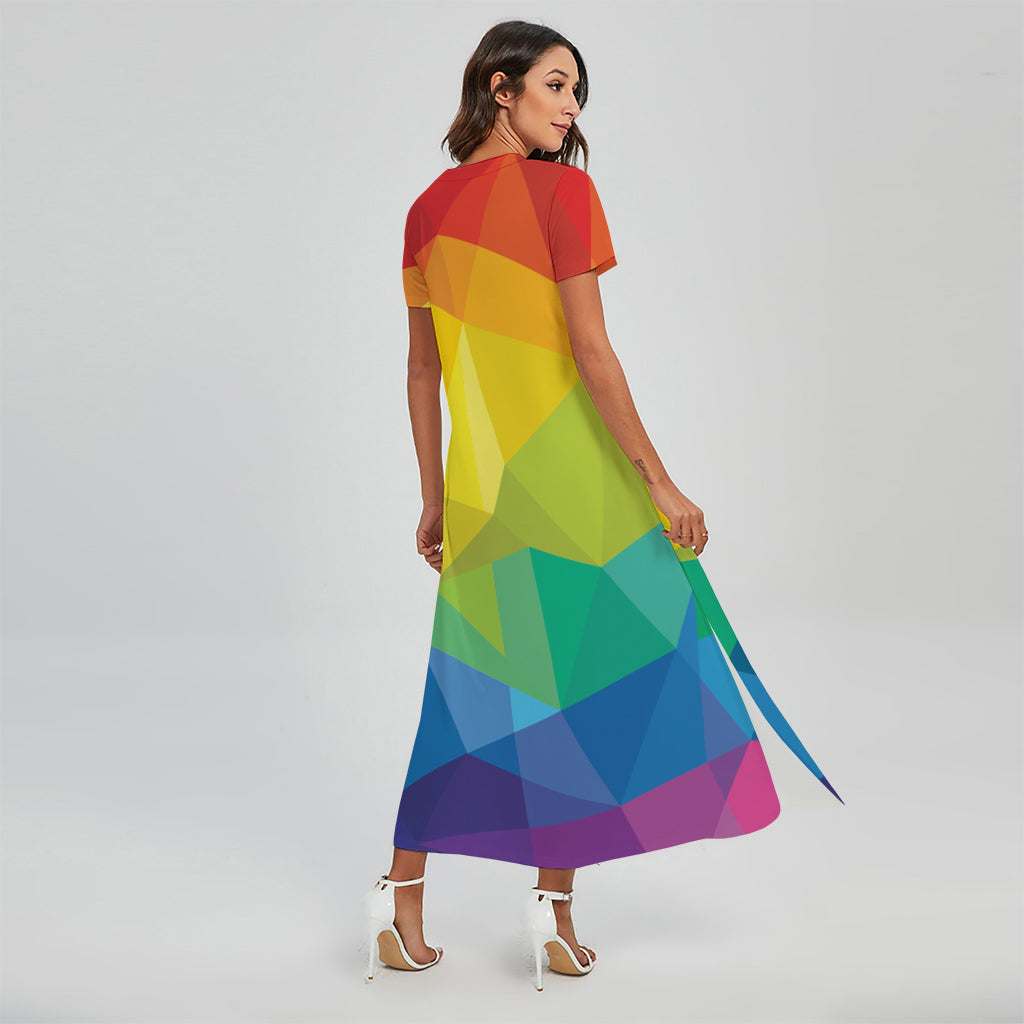 Rainbow Polygonal Geometric Print Short Sleeve Maxi Dress