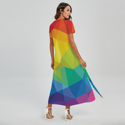 Rainbow Polygonal Geometric Print Short Sleeve Maxi Dress
