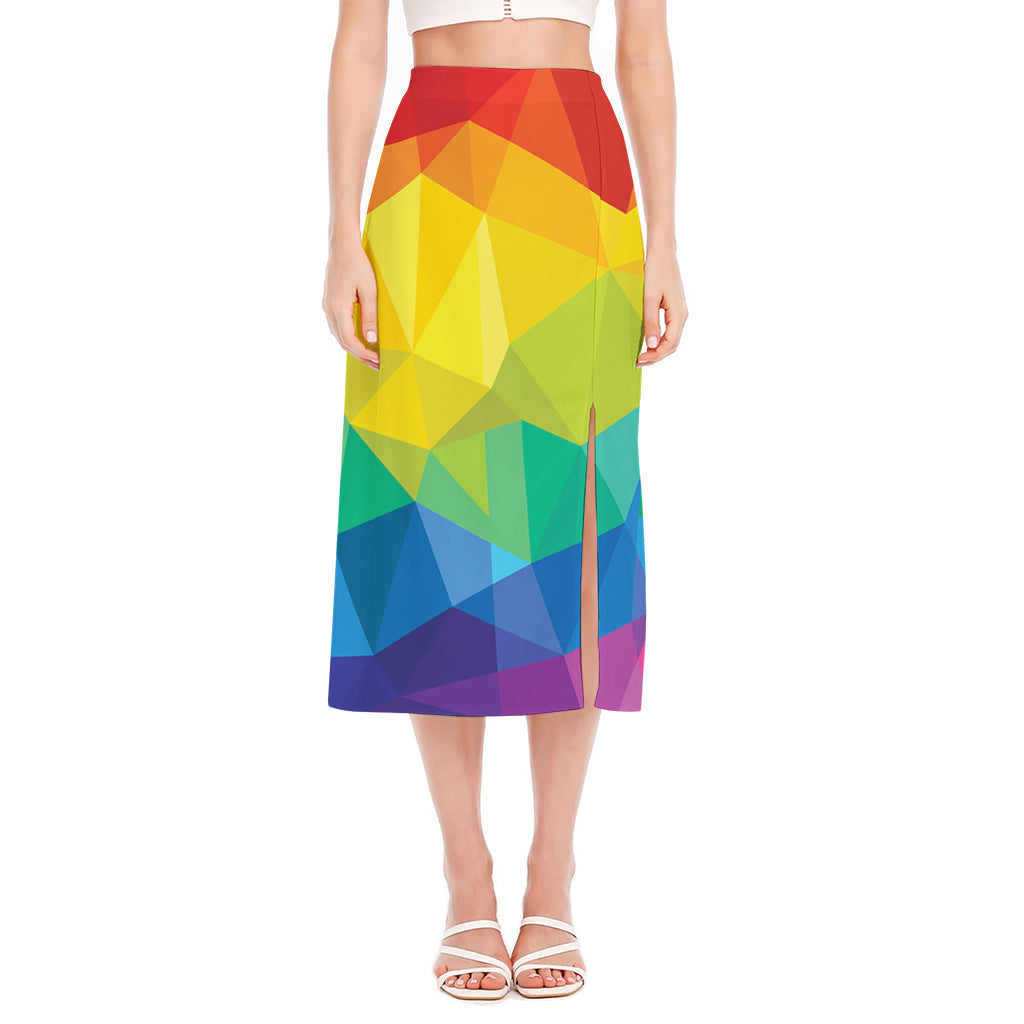 Rainbow Polygonal Geometric Print Side Slit Midi Skirt