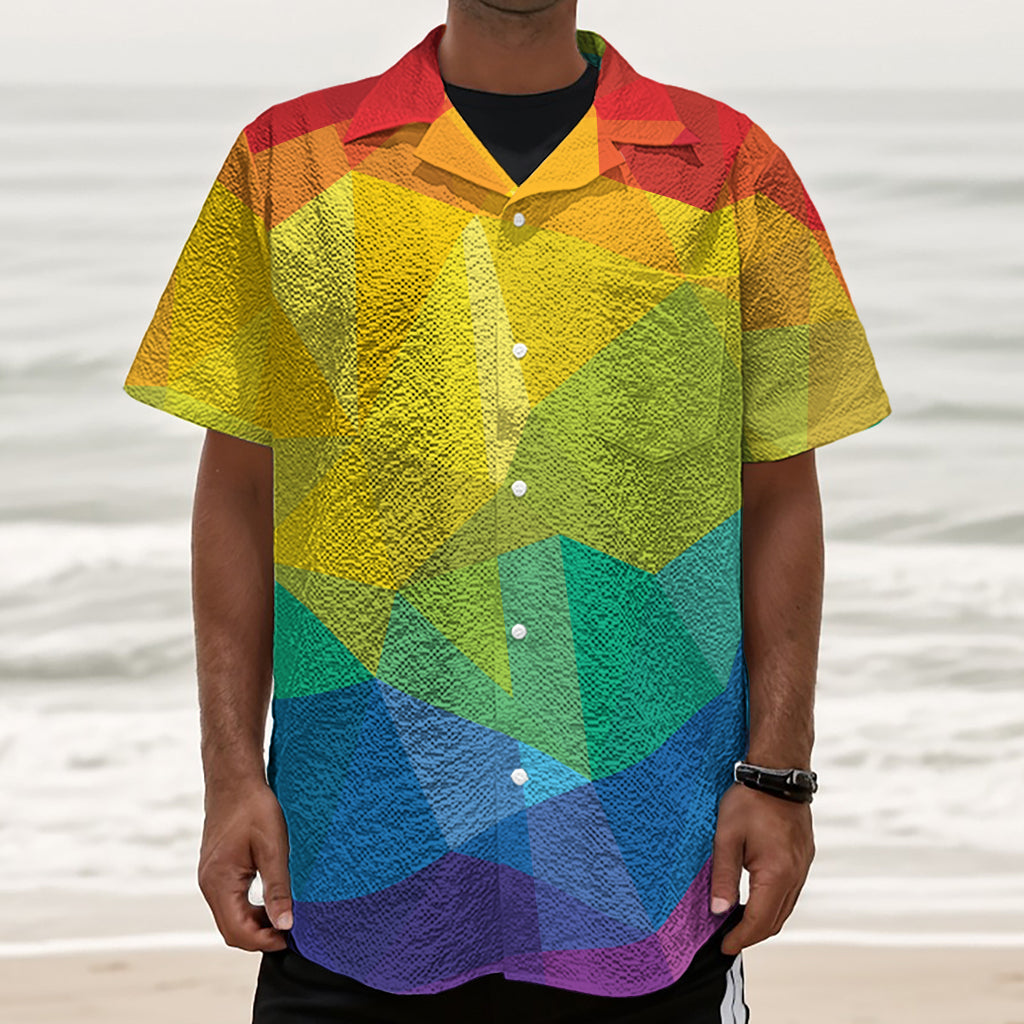 Rainbow Polygonal Geometric Print Textured Short Sleeve Shirt