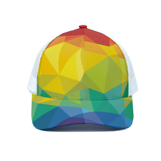 Rainbow Polygonal Geometric Print White Mesh Trucker Cap