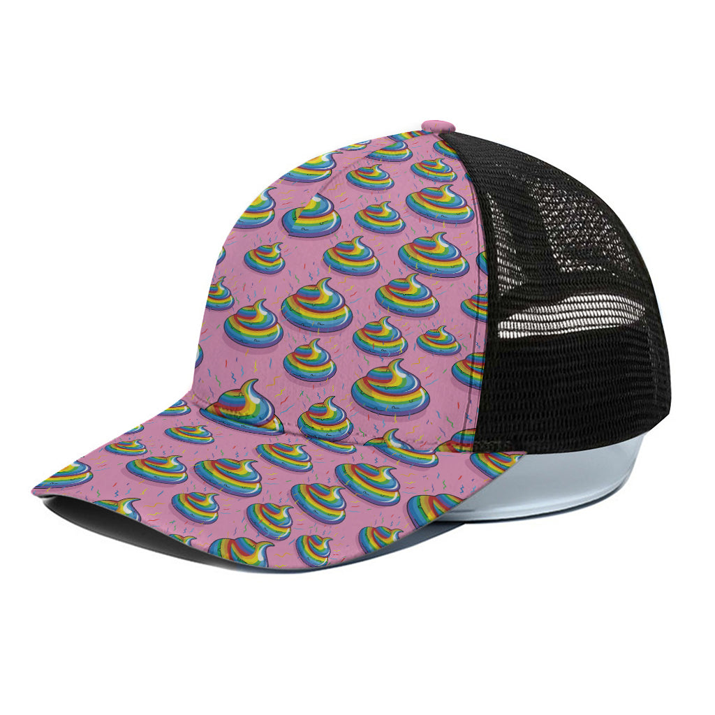 Rainbow Poop Pattern Print Black Mesh Trucker Cap