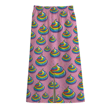 Rainbow Poop Pattern Print Cotton Front Slit Maxi Skirt
