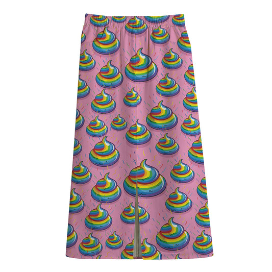 Rainbow Poop Pattern Print Cotton Front Slit Maxi Skirt
