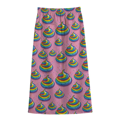Rainbow Poop Pattern Print Cotton Front Slit Maxi Skirt