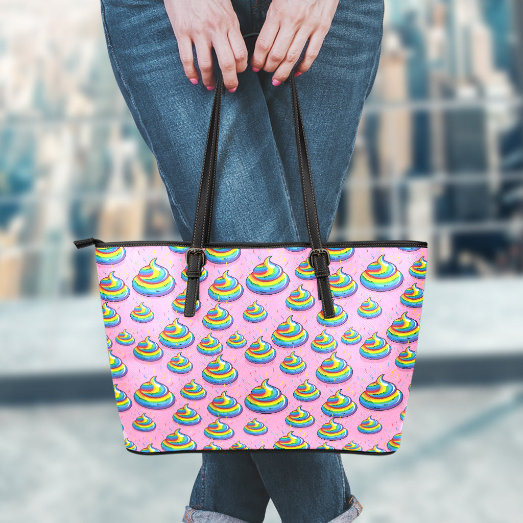 Rainbow Poop Pattern Print Leather Tote Bag