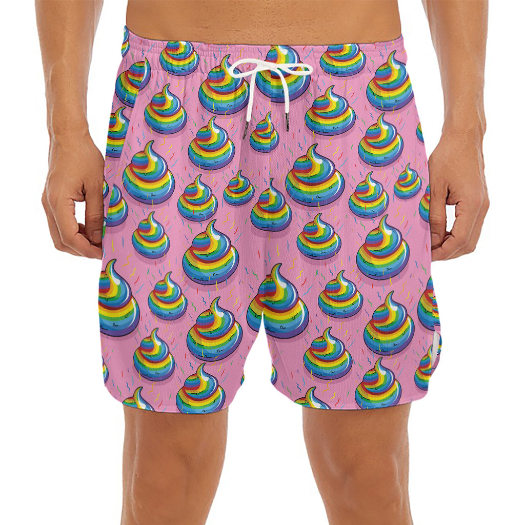 Rainbow Poop Pattern Print Men's Split Running Shorts