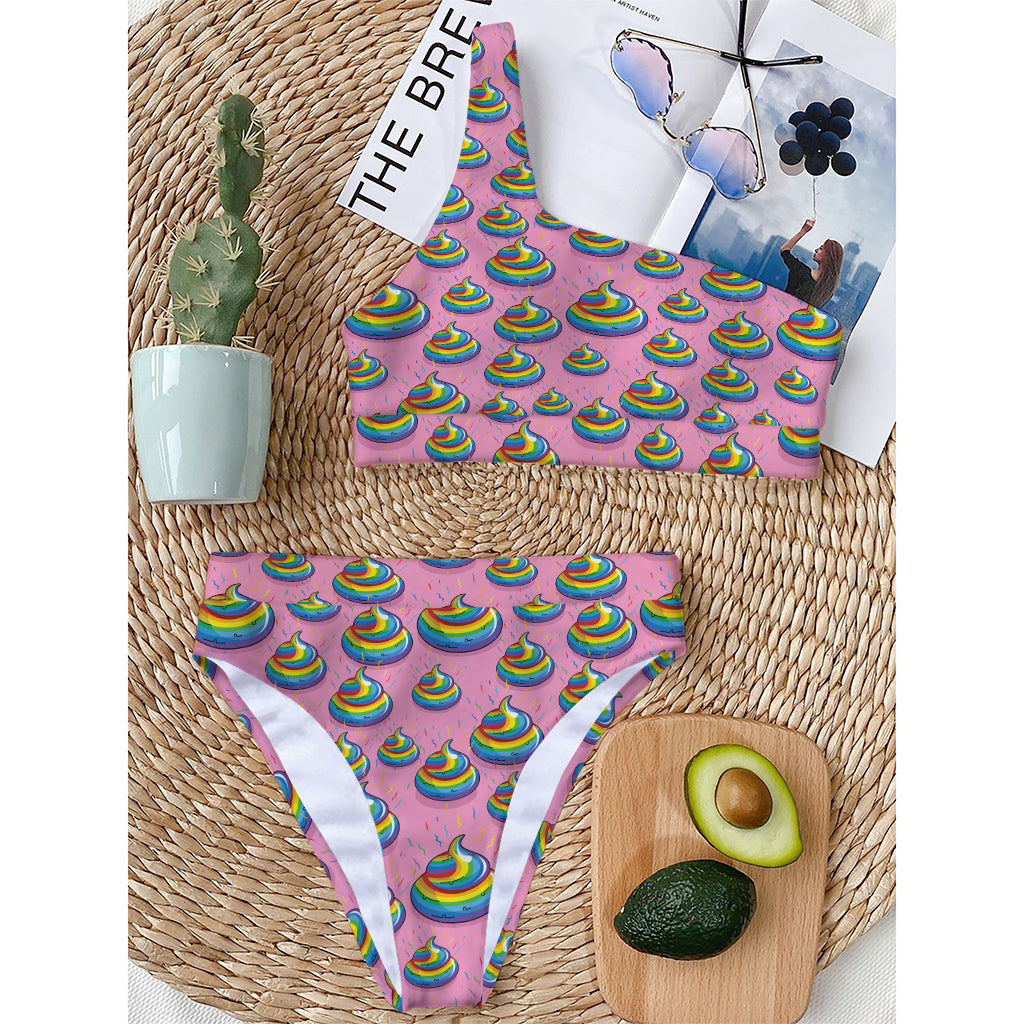 Rainbow Poop Pattern Print One Shoulder Bikini Top