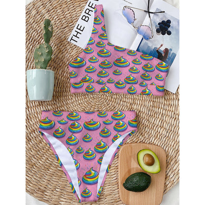 Rainbow Poop Pattern Print One Shoulder Bikini Top
