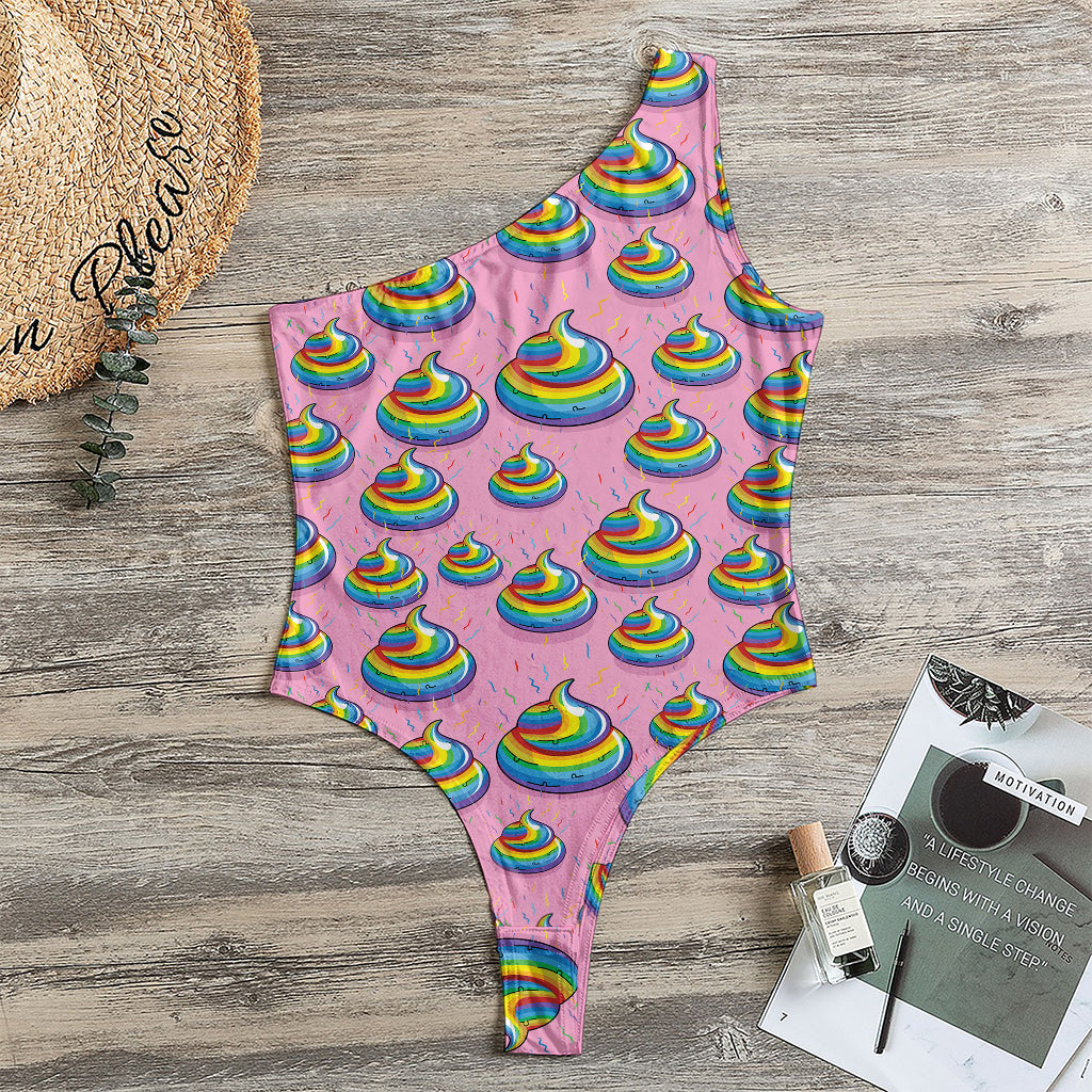 Rainbow Poop Pattern Print One Shoulder Bodysuit