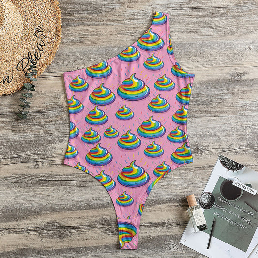 Rainbow Poop Pattern Print One Shoulder Bodysuit