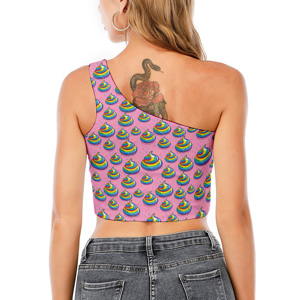 Rainbow Poop Pattern Print One Shoulder Crop Top