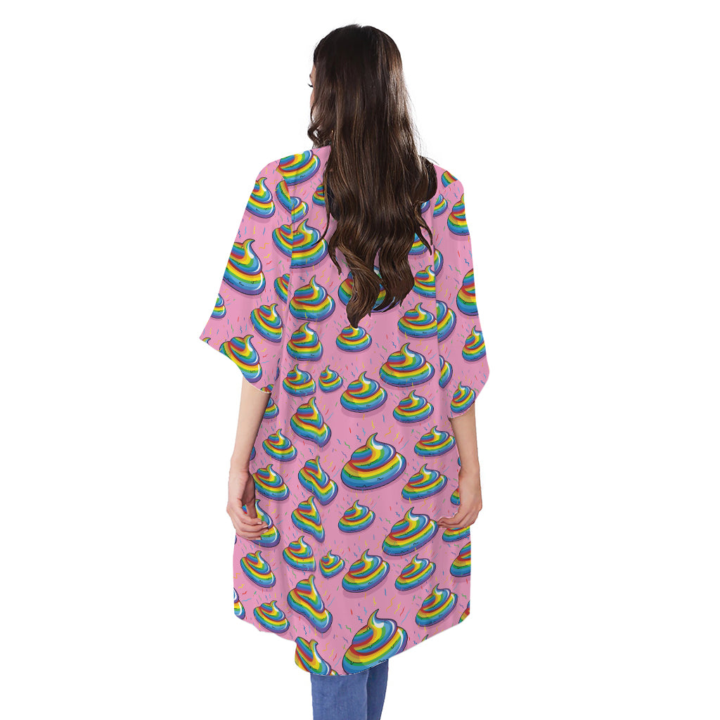 Rainbow Poop Pattern Print Open Front Beach Cover Up