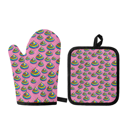 Rainbow Poop Pattern Print Oven Mitt And Pot Holder Set