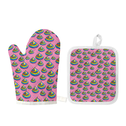 Rainbow Poop Pattern Print Oven Mitt And Pot Holder Set