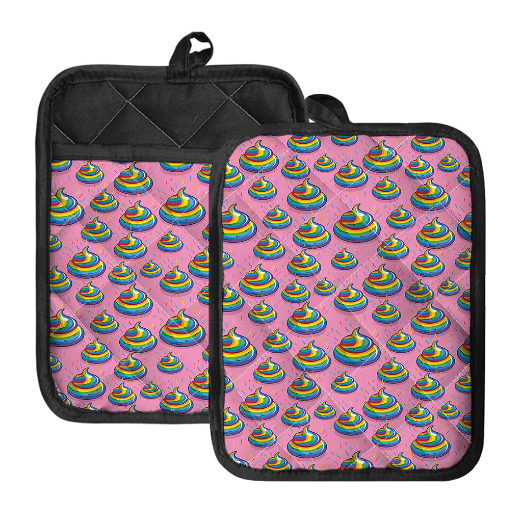 Rainbow Poop Pattern Print Pot Holders With Pocket
