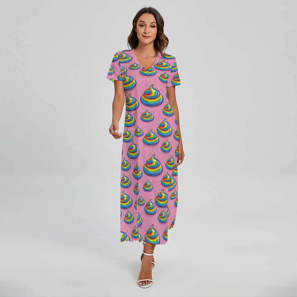 Rainbow Poop Pattern Print Short Sleeve Maxi Dress