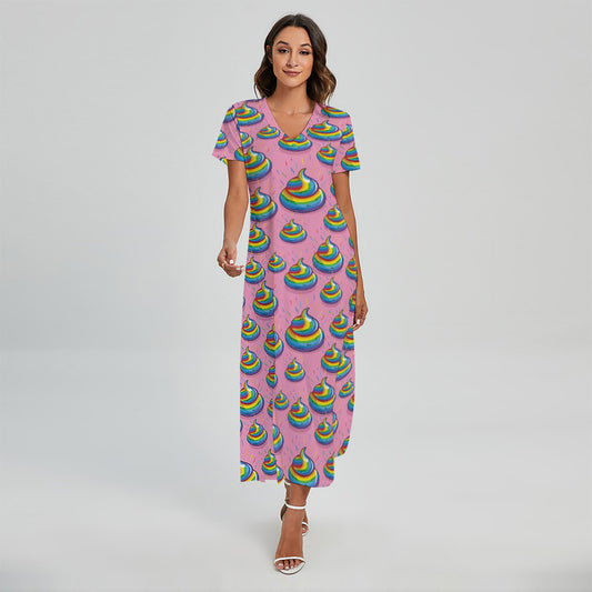 Rainbow Poop Pattern Print Short Sleeve Maxi Dress