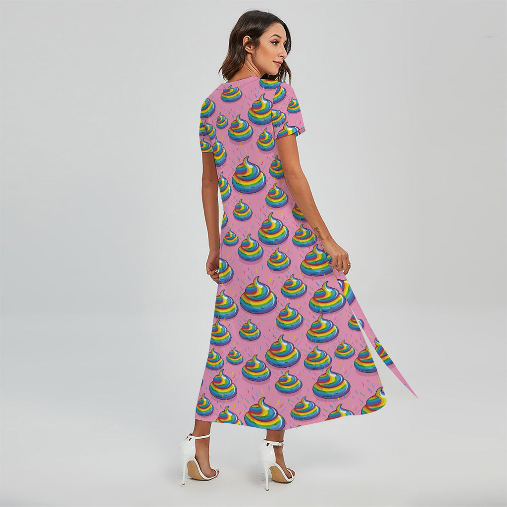 Rainbow Poop Pattern Print Short Sleeve Maxi Dress